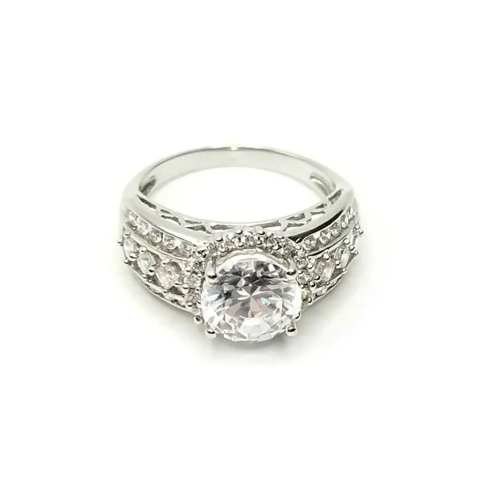 Round Cubic Zirconia Ring 925 Sterling Silver Size 8.5 Clear Sparkle Signed Med